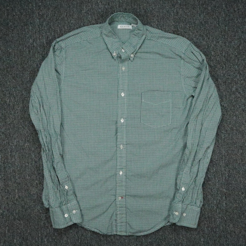 Gustin Shirt Mens‎ XL Green White Check Long Sleeve Gingham Button Down Oxford